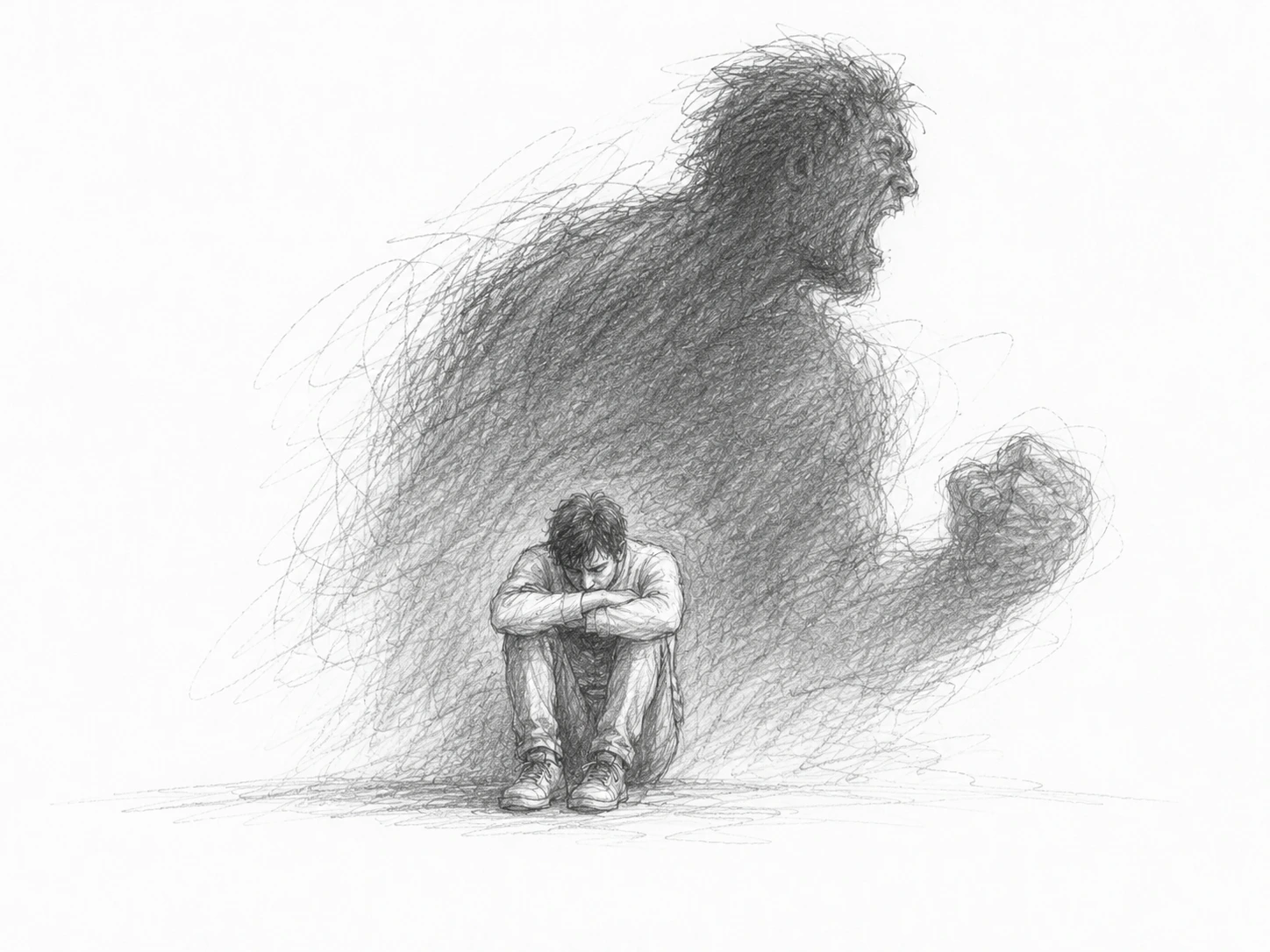 Avant Hulk, il y a toujours Bruce Banner Illustration au crayon d’un homme recroquevillé devant l’ombre immense de Hulk, symbole d’une colère retenue trop longtemps.