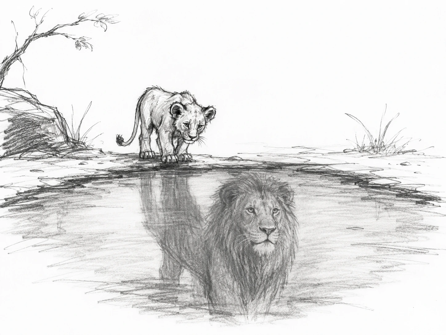 Le Roi Lion — le reflet de celui qu’on devient Jeune lion regardant son reflet dans l’eau, où apparaît un lion adulte, illustration au crayon.